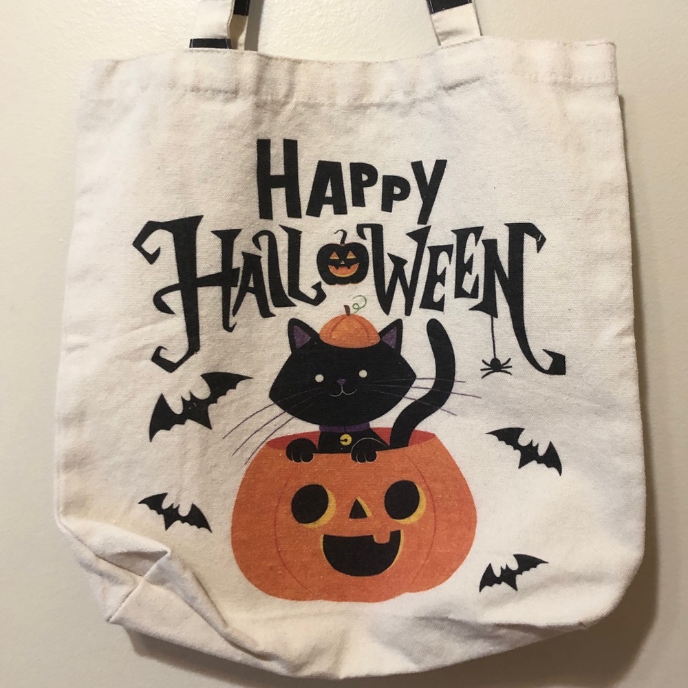 Small Halloween Canvas Tote Bag - Black Cat & Pumpkin